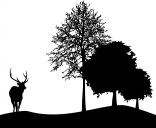 Скачать dxf - Силуэт оленя в лесу силуэтное изображение пейзажа олени