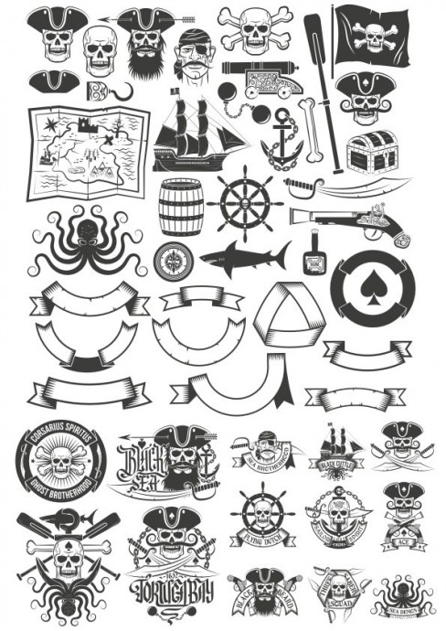 Набор рисунков пиратских татуировок пиратская печать вектор стикеры искусство эмблема