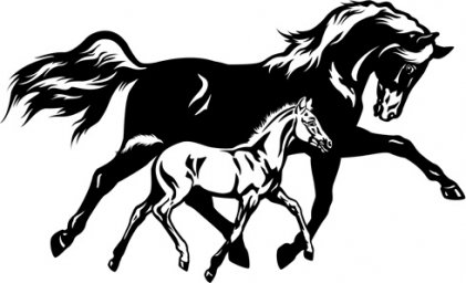 Скачать dxf - Трафарет лошади рисунок коня с жеребенком черно белое