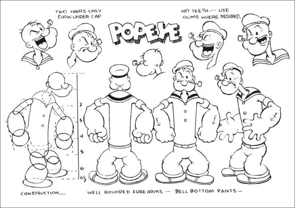 Рисунок эскизы персонажей моряк папай раскраска popeye model sheet моряк